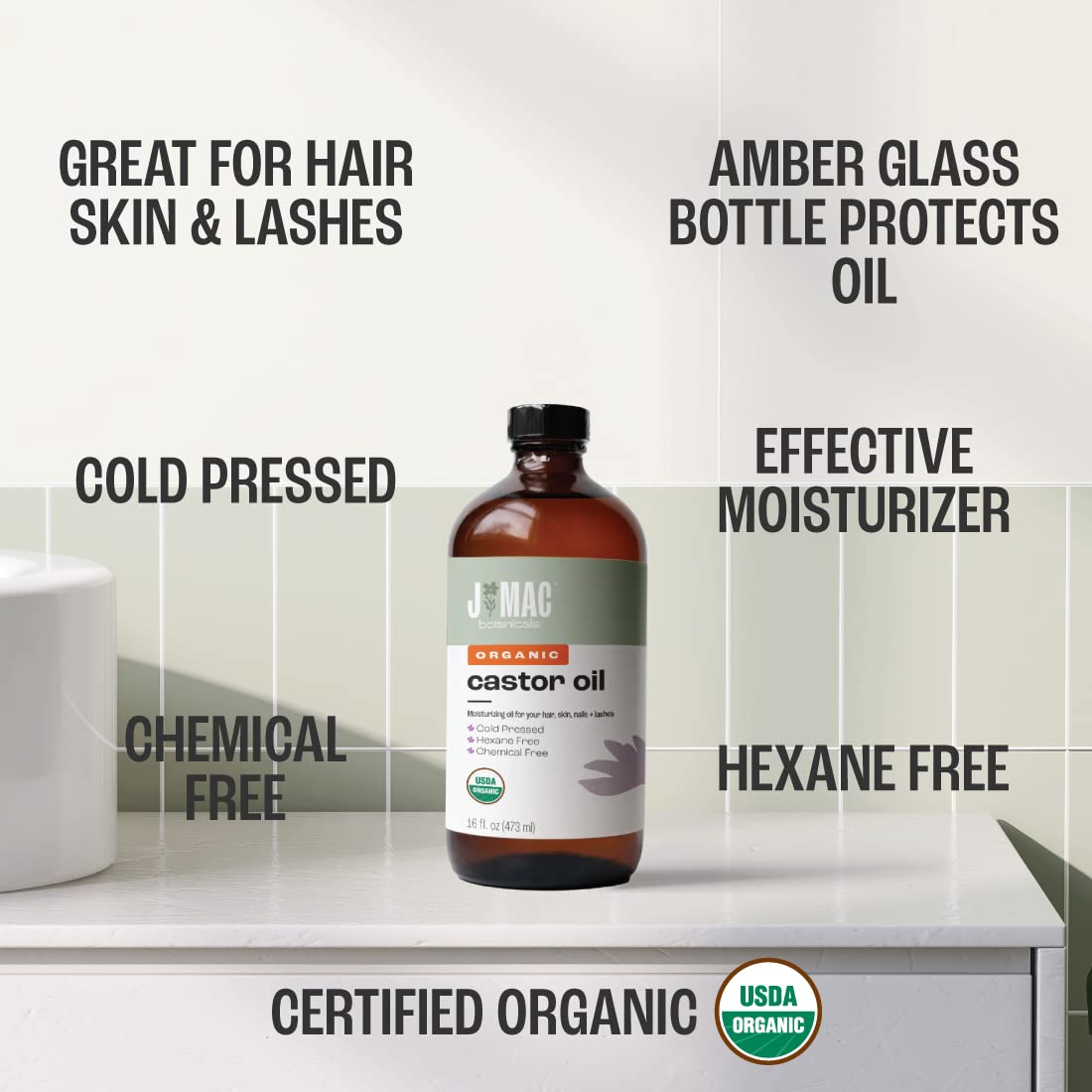J MAC BOTANICALS, Organic Castor Oil Cold Pressed (Glass Bottle, 16 oz) pure unrefined, hexane free for face, skin, eyelashes, pack wraps, pads Beauty & Personal Care J MAC BOTANICALS