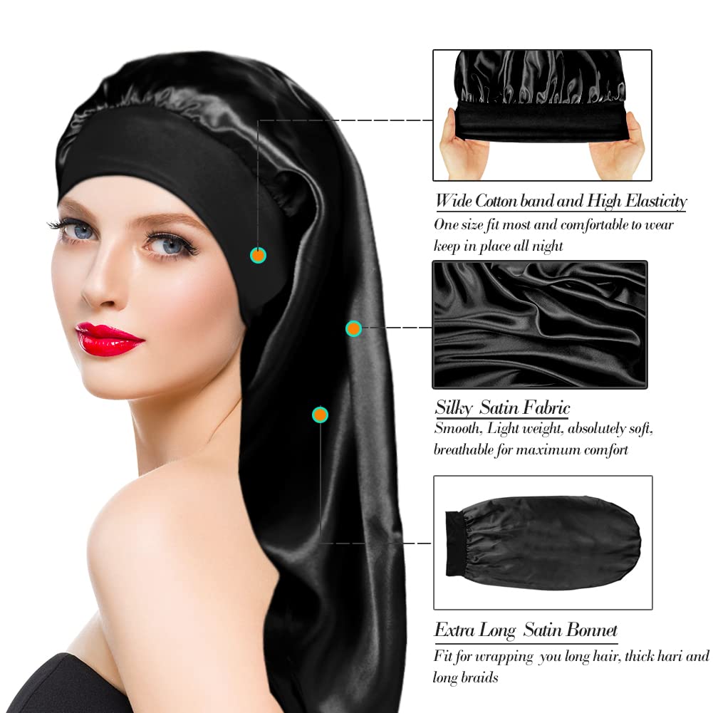 2 Pieces Long Silky Satin Sleep Bonnet for Curly Hair, Long Dreadlocks and Braids Hair Bonnets for Hair Care Beauty & Personal Care YOHITOP