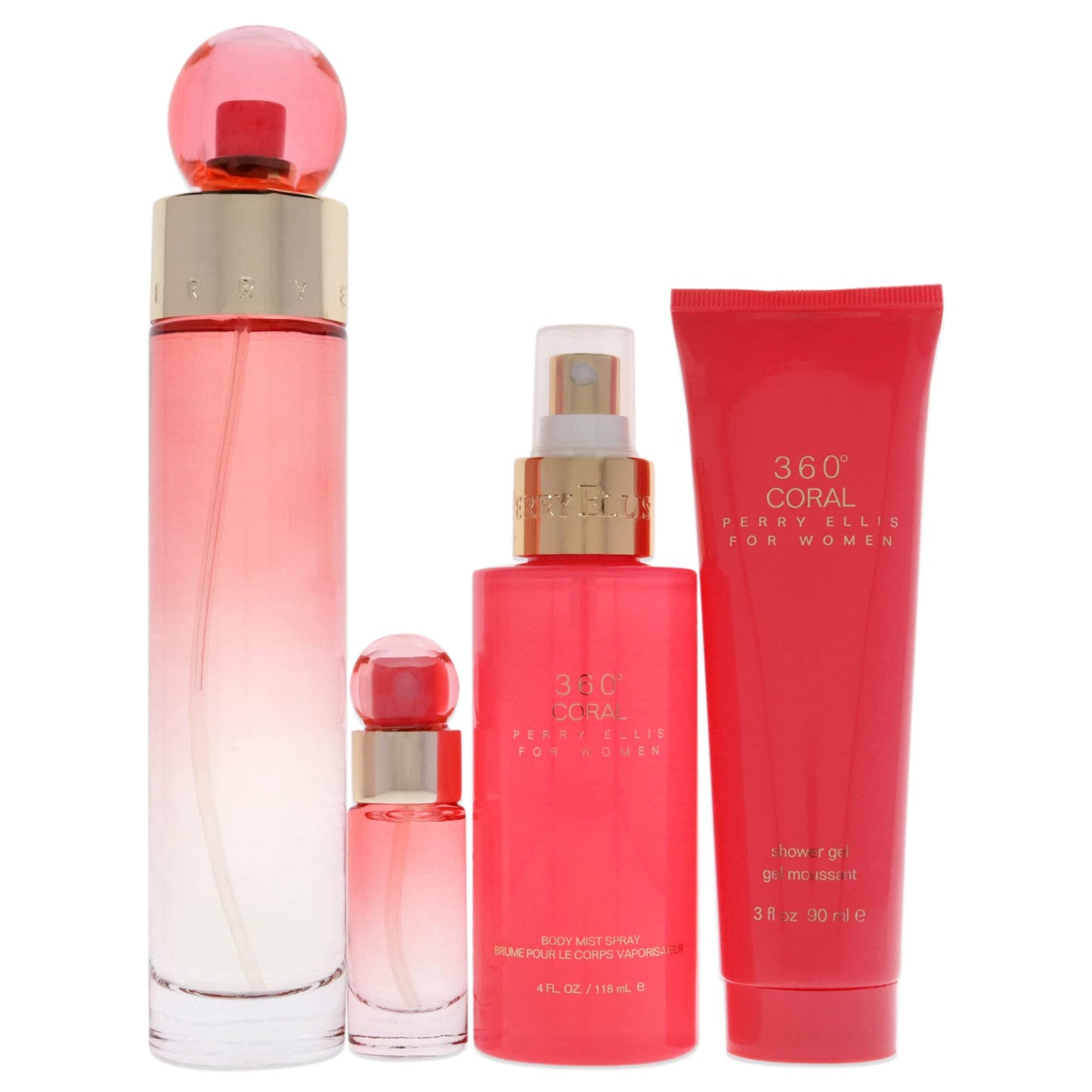 Perry Ellis 360 Coral 3.4oz EDP Spray, 4oz Body Mist, 3oz Shower Gel, 0.25oz EDP Spray Women 4 Pc Gift Set Beauty & Personal Care Perry Ellis