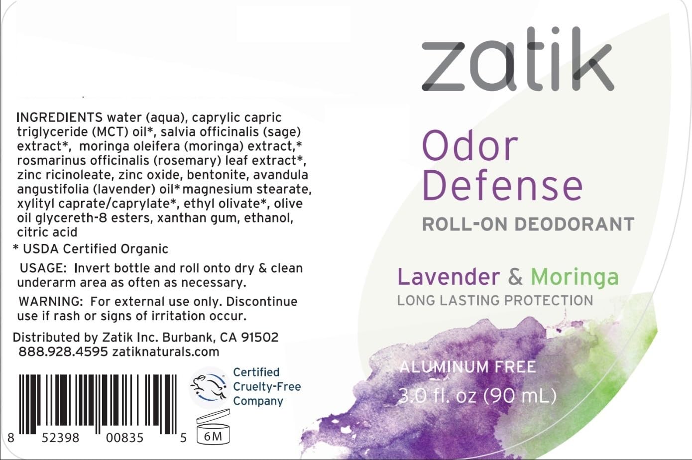 Zatik Naturals - Odor Defense Roll-on Deodorant, Lavender and Moringa, Cruelty-free Vegan, pH Balanced, Bio-degradable, free from Aluminum, Parabens Beauty and Personal Care Zatik
