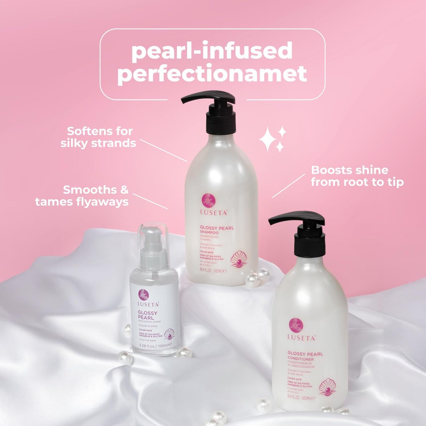Luseta Glossy Pearl Trio Hair Care Set Smoothing & Moisturizing Shampoo and Conditioner Hydrating Hair Oil Detangle,Nourish Strands Add Shine Beauty & Personal Care L LUSETA