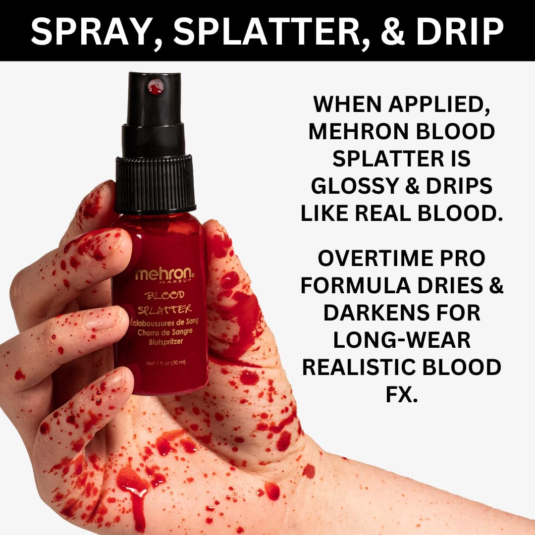 Mehron Makeup Blood Splatter | Professional Fake Spray Blood | Performance, Halloween, Face Paint, Costumes, & Special FX 1 fl oz (30 ml) | Made in Beauty & Personal Care Mehron