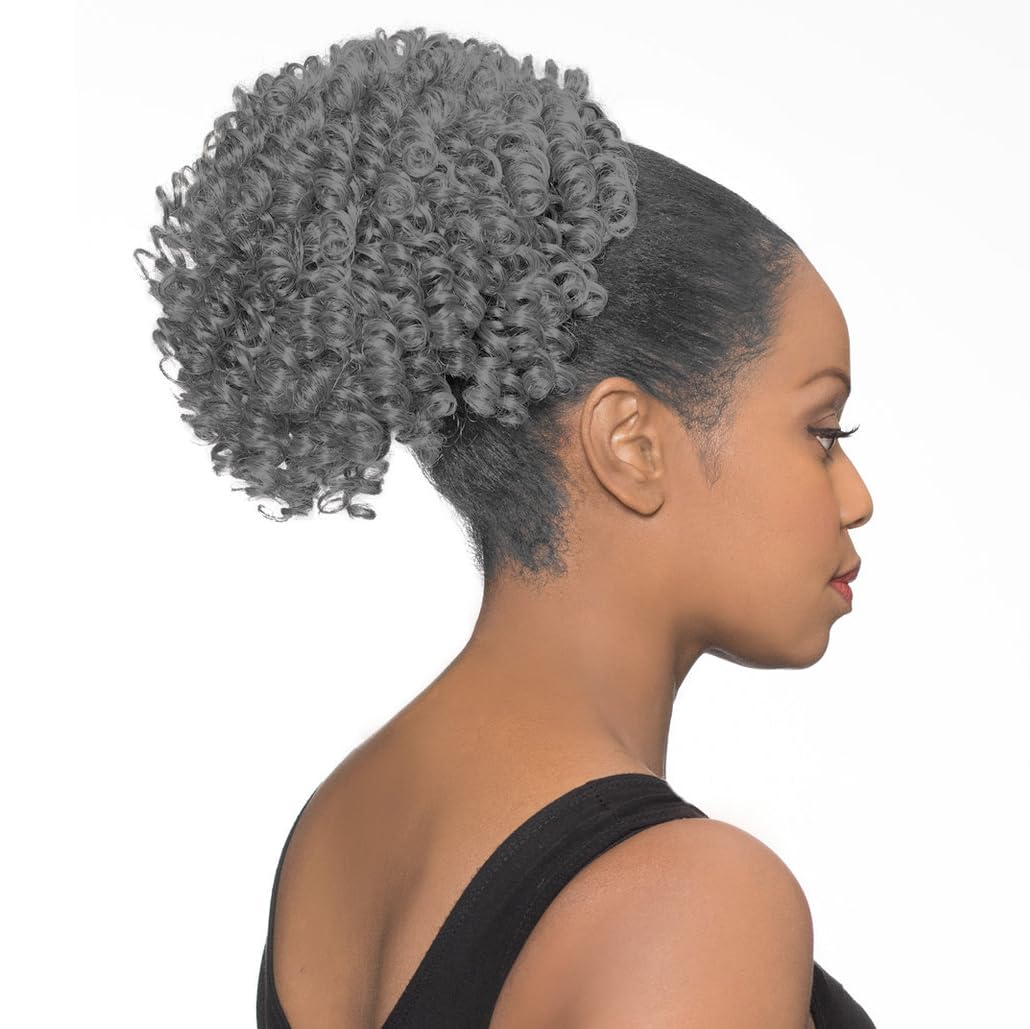 Maxwigs DS008 Ponytail Color 1B - Foxy Silver Wigs 8-10" Med Length Spiral Curls Drawstring Cheerleader Style Hairpiece Extension Synthetic Black Grey