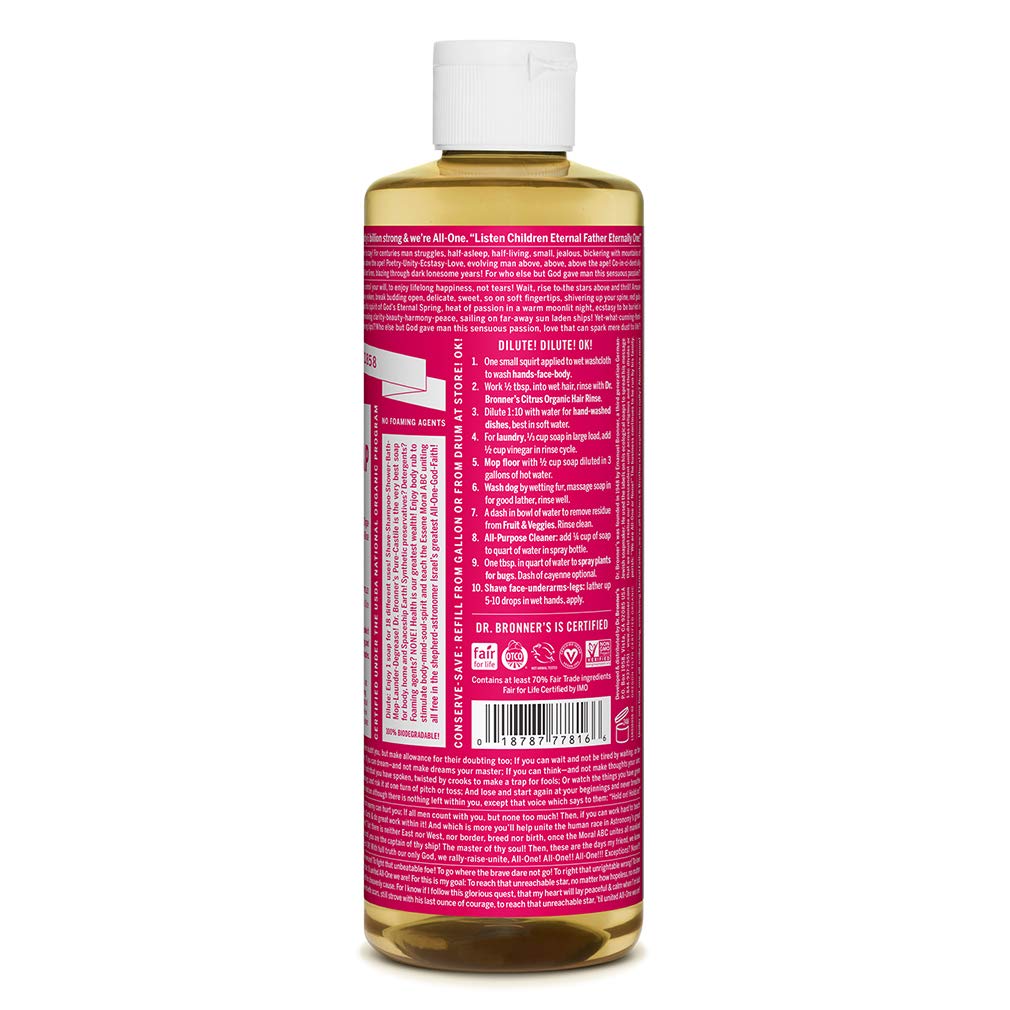 Dr. Bronner's - Pure-Castile Liquid Soap (Rose, 16 ounce) - Made with Organic Oils, 18-in-1 Uses: Face, Body, Hair, Laundry, Pets and Dishes Beauty & Personal Care Dr. Bronner's