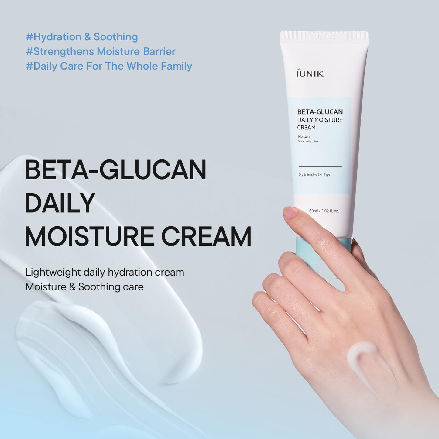 IUNIK Beta-Glucan Daily Moisture Cream - Beta-Glucan & Centella Lightweight Vegan Moisturizer for Deep Hydration & Skin Barrier Care, Korean Skincare Beauty and Personal Care IUNIK