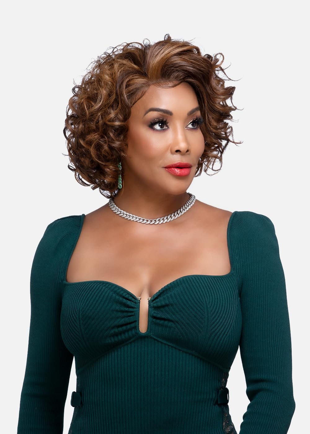 Vivica A. Fox CHILLI-V, Deep Lace Front Wig, 12 Inch Medium Spiral Curl, Natural Baby Hairs, Hand-Stitched Harline Wig (Color 613, Platinum Blonde)