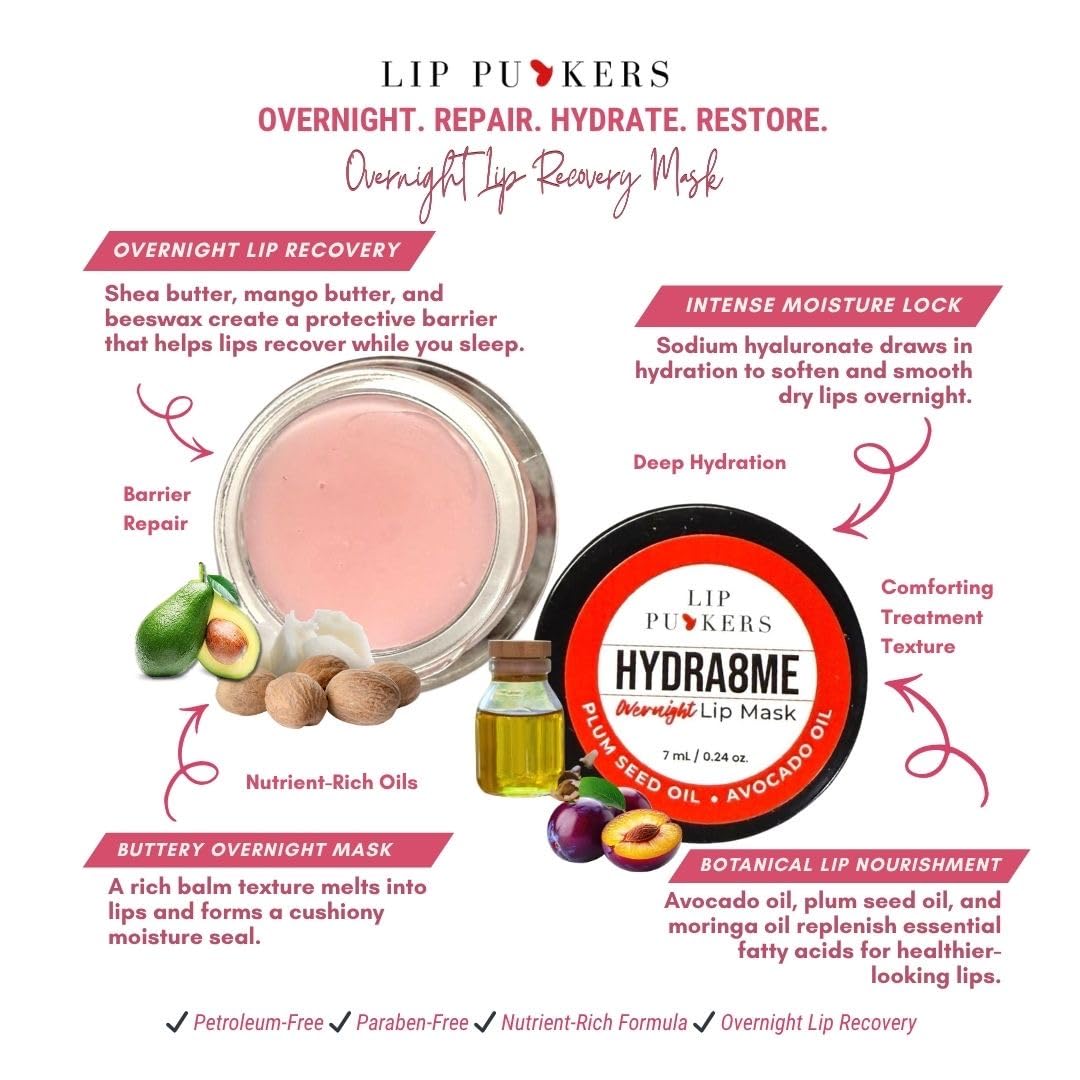 Hydra8me Overnight Lip Mask, Hydrating Treatment with Natural Oils, 7ml/.24oz Beauty and Personal Care Lip Puckers