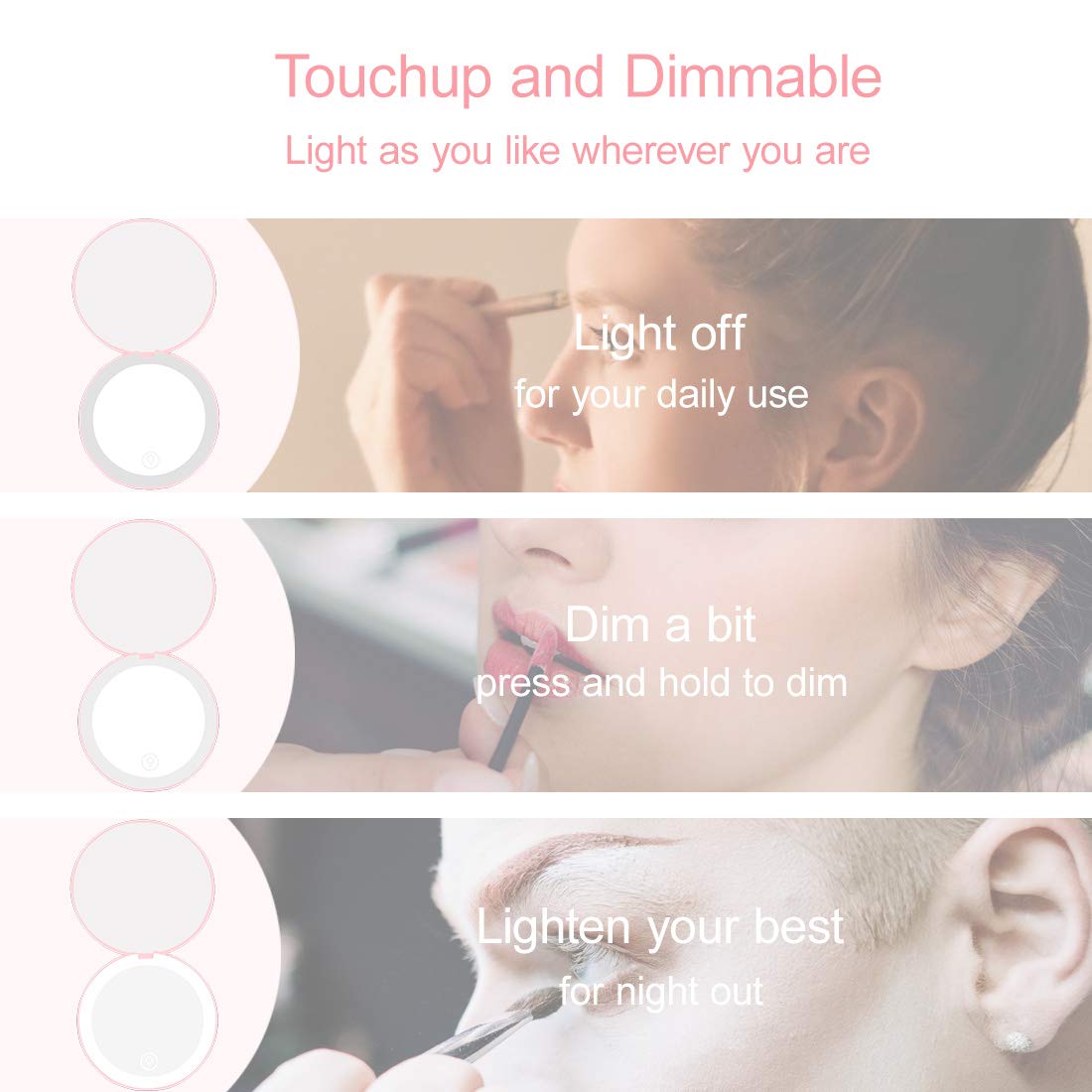 Milishow Compact Mirror with LED Light,1x/10x Magnifying Rechargeable Mirror,3.5in, Dimmable Travel Mirror for Purse,Pocket,Handheld 2-Sided Makeup Beauty & Personal Care Milishow