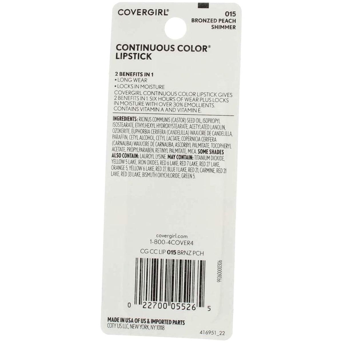 CoverGirl Continuous Color Lipstick, Bronzed Peach 015, 0.13-Ounce Bottles (Pack of 2) Beauty & Personal Care COVERGIRL