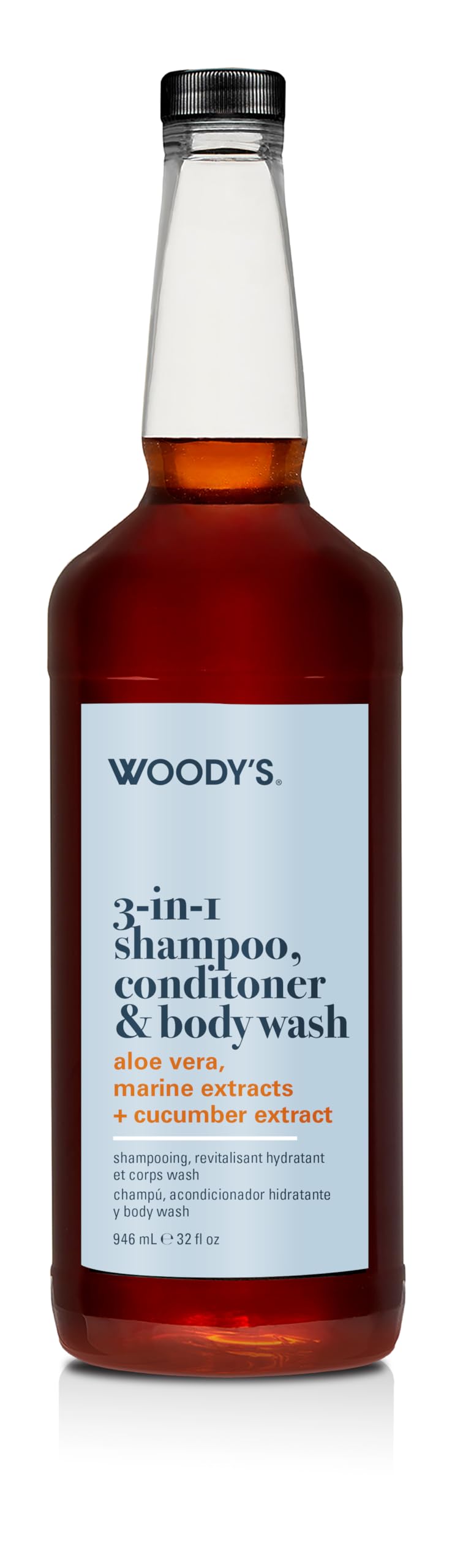 Woody's 3-in-1 Shampoo, Conditioner & Body Wash for Men - Men's All-in-One Hair & Body Cleanser with Aloe Vera, Marine Extracts & Cucumber Extract,