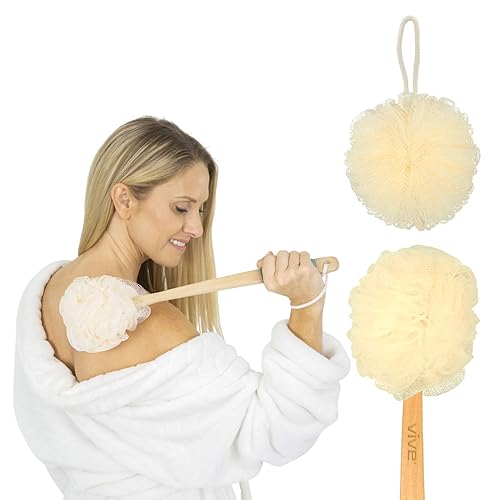 Vive 17” Shower Loofah with Long Handle - Exfoliating Back & Body Scrubber for Men & Women - Luffa Sponge on a Stick for Bathing, Cleaning - Includes Beauty & Personal Care Vive