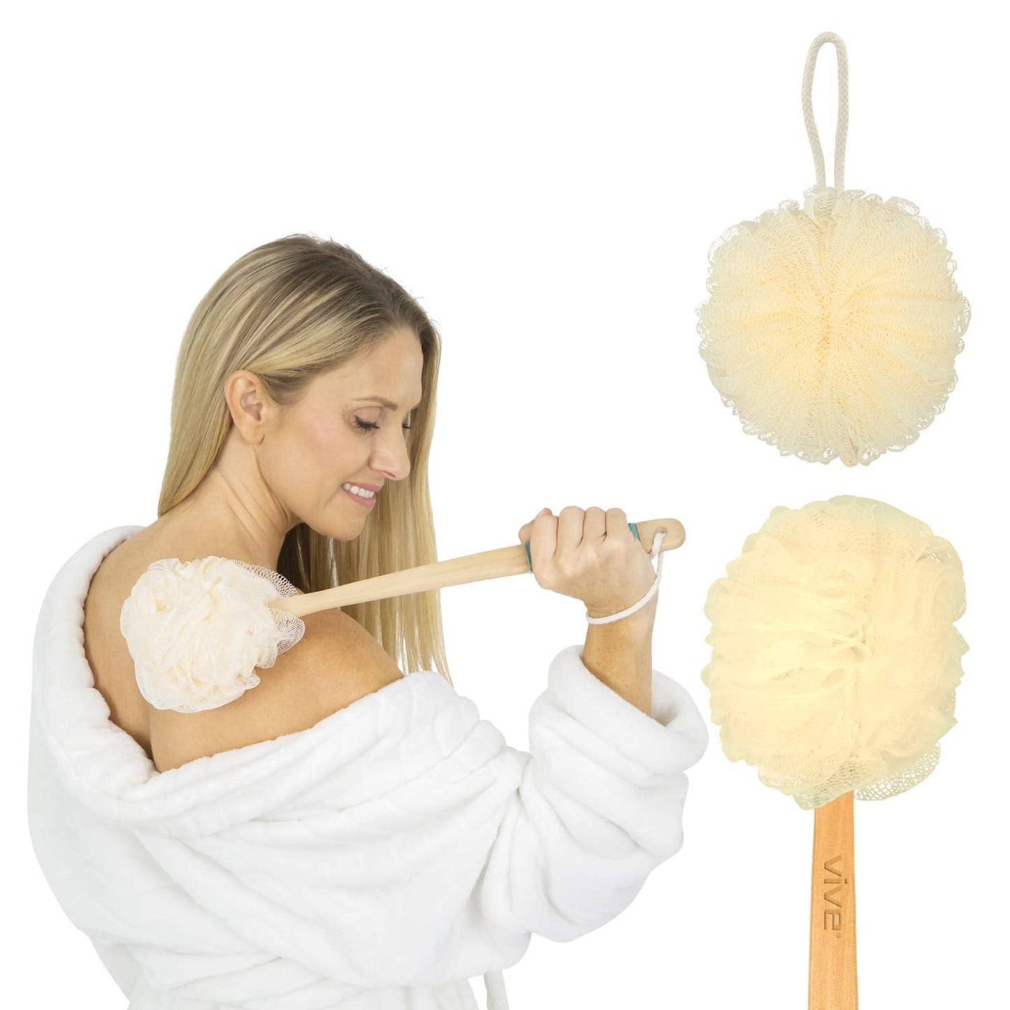 Vive 17” Shower Loofah with Long Handle - Exfoliating Back & Body Scrubber for Men & Women - Luffa Sponge on a Stick for Bathing, Cleaning - Includes Beauty & Personal Care Vive