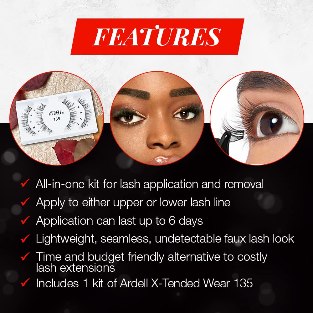 Ardell X-Tended Wear Lash Clusters Kit, 135 - Cluster False Eyelashes with Adhesive & Applicator, Natural Wispy Lashes, DIY Eyelash Extensions, 1 Pack