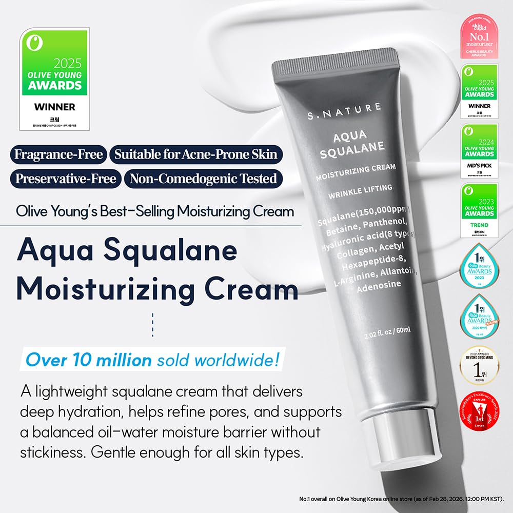 S.NATURE Pore Refining Moisturizer for Dry & Sensitive Skin - Squalane Hydrating Face Cream, Tightening & Smoothing Pores, Lightweight Korean Beauty & Personal Care S.NATURE
