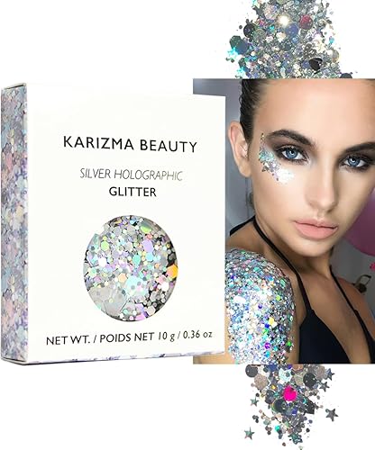 KARIZMA Holographic Silver Body Glitter. 10g Chunky Face, Hair, Eye and Body for Women. Rave, Festival Accessories, Cosmetic Makeup. Loose Set Beauty & Personal Care KARIZMA