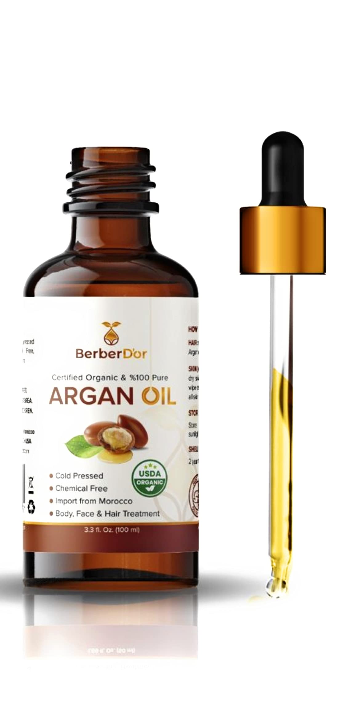 Berber D’Or 100 Pure Natural Organic Argan Oil For Body, Hair, Face, Nails | Eco-Certified, USDA Approved Import From Morocco (3.4 FL OZ 100 ML) Beauty & Personal Care Berber D’Or