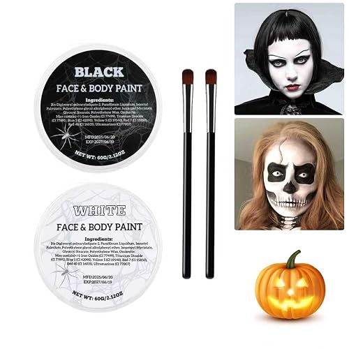 White Black Oil Face Body Paint Set, Halloween Skeleton Makeup Kit with 2 Brushes, Professional Black and White Face Painting Kit for Halloween Make Beauty & Personal Care Js2U ZW