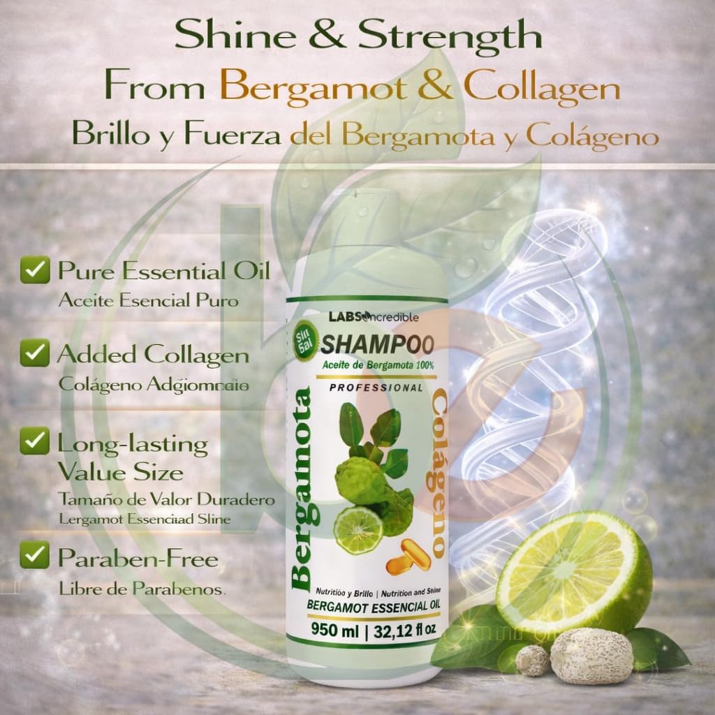 Bergamot + Collagen Shampoo - 950 ml - Salt-Free - Deep Cleansing & Frizz Control - Moisturizes, Conditions & Smooths - Professional Hair Care - Silky