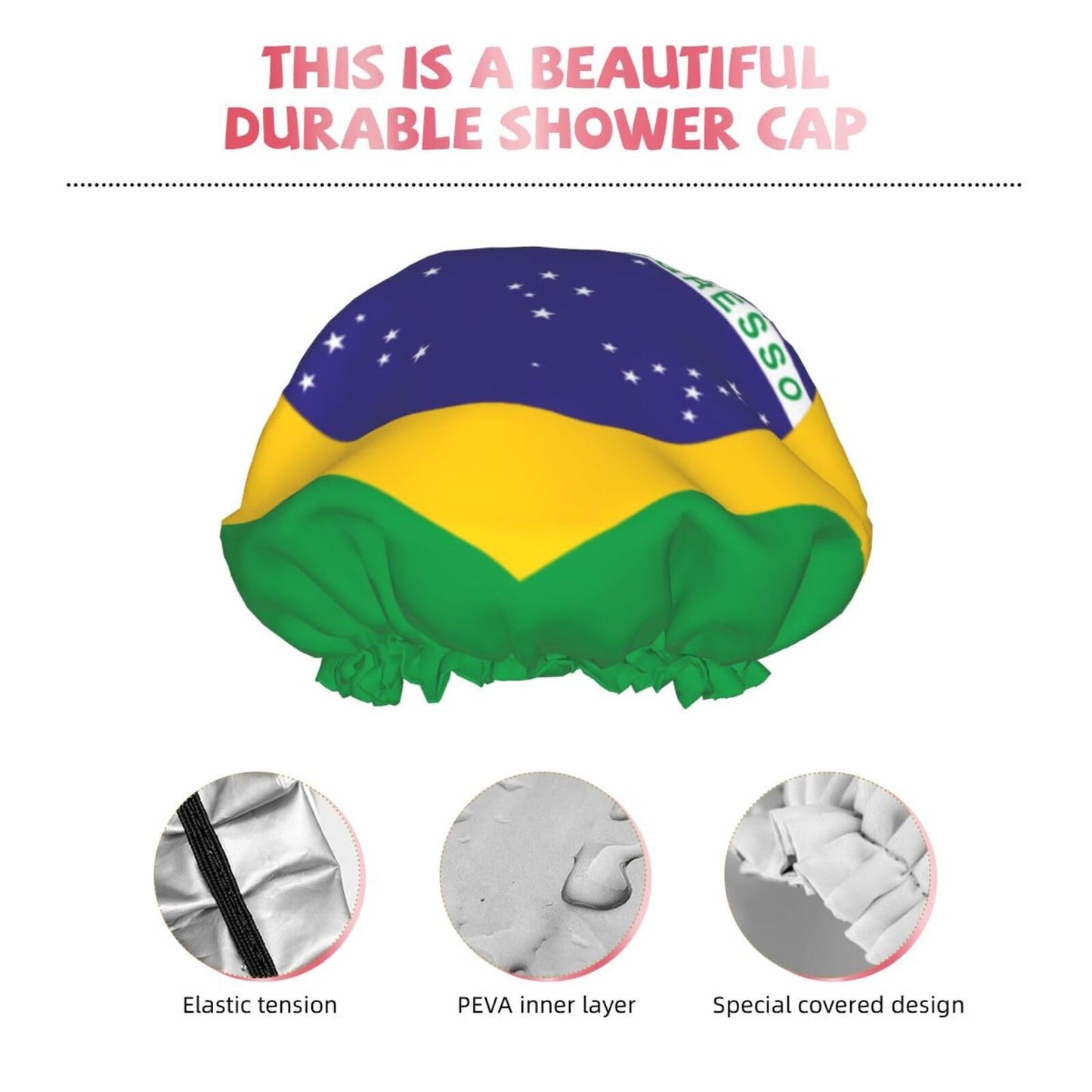 Brazil Flag Prints Shower Cap Double Layer Lined Waterproof Bathing Shower Hat Beauty and Personal Care Hayyett