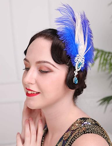 Aimimier 1920s Flapper Feather Hair Clip Blue Crystal Teardrop Feather Headpiece Prom Party Roaring 20s Hair Jewelry for Women and Girls (Style 2) Beauty & Personal Care Aimimier