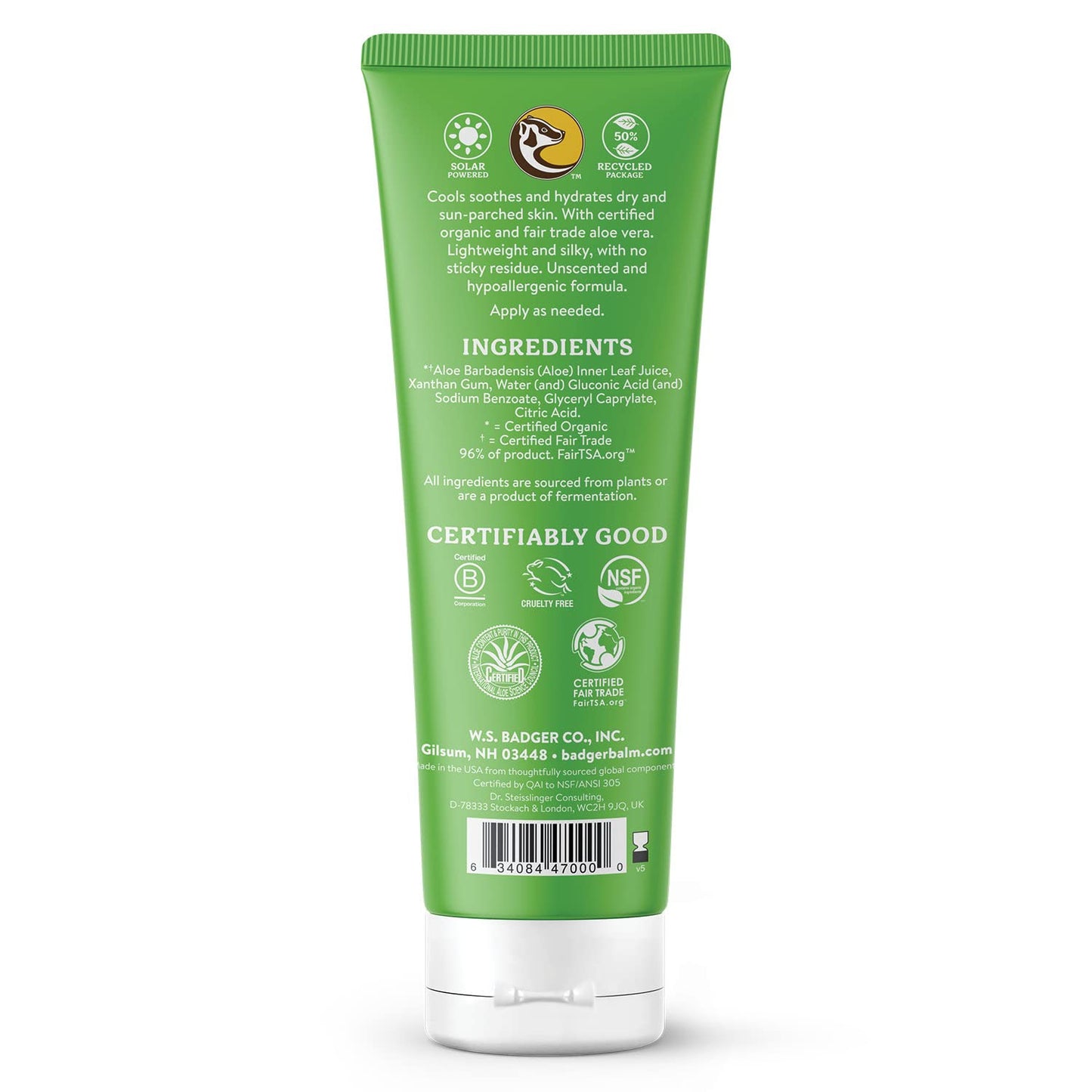 Badger Organic Aloe Vera Gel for Face & Body, 96% Pure Unscented Organic Aloe Gel for Cooling, Soothing, Non-Sticky Sunburn Relief, Vegan, Fair Trade Beauty & Personal Care Badger