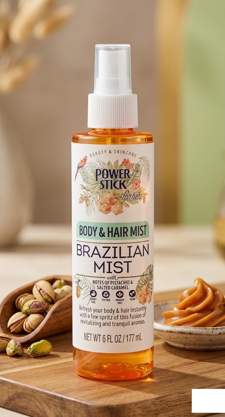 Power Stick for Her Brazilian Mist Body & Hair Mist, Pistachio & Salted Caramel Scent, 6 Fl Oz, Dye-Free, Paraben-Free Beauty & Personal Care Power Stick