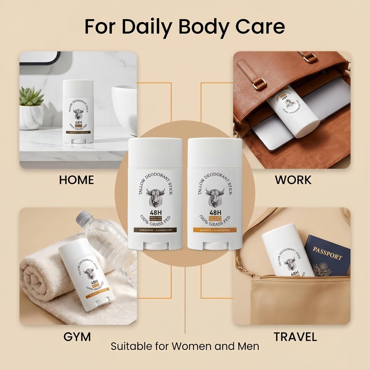 Tallow Deodorant Stick, Aluminum Free Body Deodorant for Women and Men, Smooth Glide Stick for Underarms and Feet (SANDALWOOD) Beauty and Personal Care feeling group