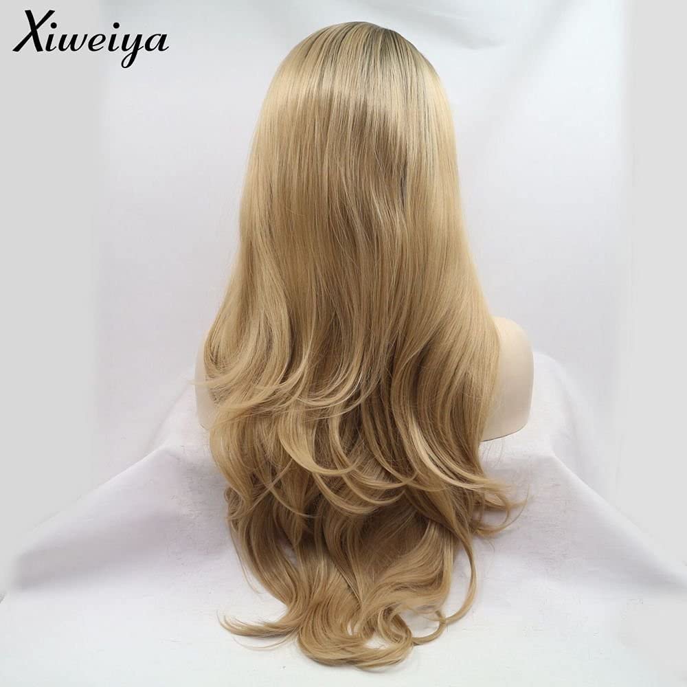 xiweiya Long Natural Wave Ombre Brown Blonde Synthetic Lace Front Wigs with Brown Roots 2 Tones Side Part Wig Heat Resistant Fiber Hair Wigs For Women