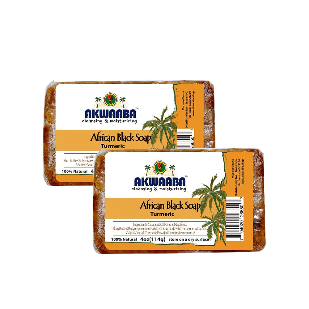 AKWAABA 100% African Black Soap(Turmeric) 4oz - For Body and Face | Moisturize and nourish your skin | Safe for all skin types | 2 pcs Beauty & Personal Care AKWAABA
