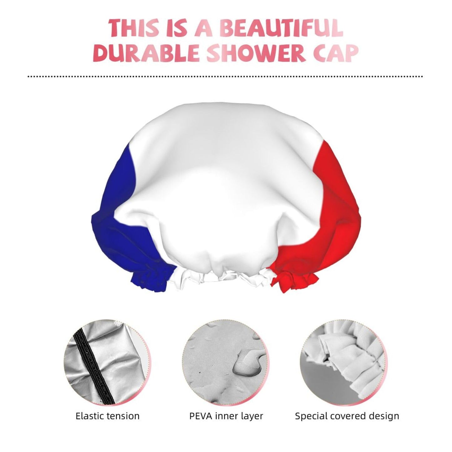 French Flag Prints Shower Cap Double Layer Lined Waterproof Bathing Shower Hat Beauty and Personal Care Hayyett