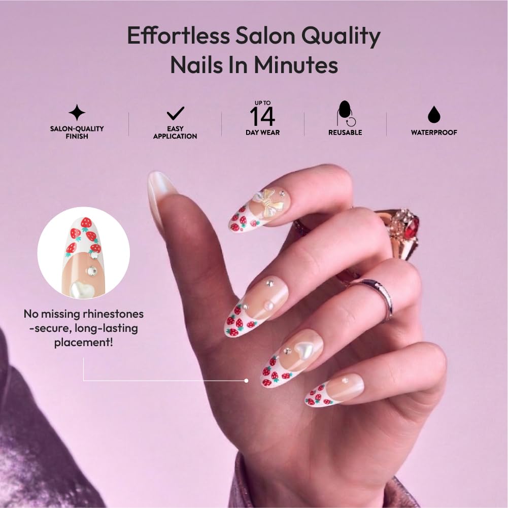 Glitzy 3D Handmade Press On Nail Kit, Rhinestone Strawberry French Tip Long Almond False Nail, Reusable & Lasts Up To 2 Weeks, Seamless Snug Fit