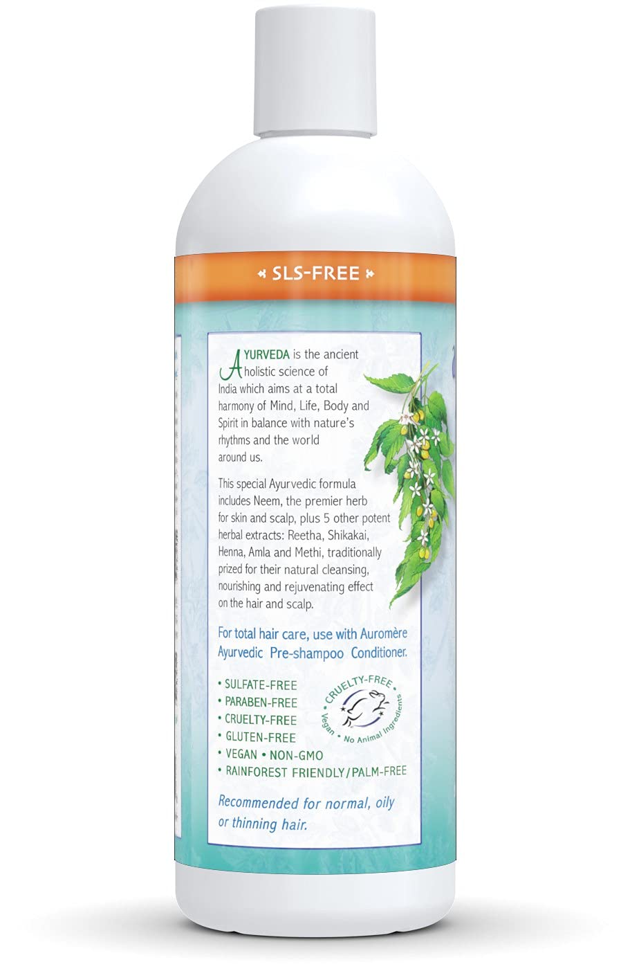 Auromere Ayurvedic Shampoo, Neem + 5 - Vegan, Cruelty Free, Non-GMO, Natural, Gluten Free, Sulfate Free, Paraben Free for Normal to Oily Hair (16 fl