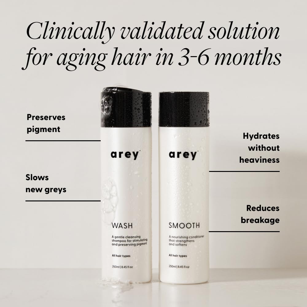 Arey Shower Duo | Daily Wash Shampoo and Smooth Conditioner Set | Delay + Reduce the Signs of Aging Grey Hair | Retain Moisture, Promote Smoothness | Beauty & Personal Care Arey