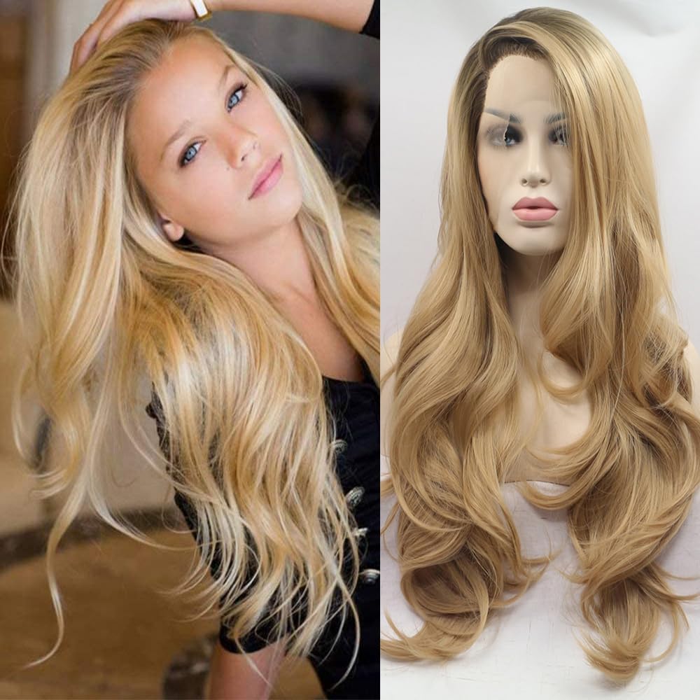xiweiya Long Natural Wave Ombre Brown Blonde Synthetic Lace Front Wigs with Brown Roots 2 Tones Side Part Wig Heat Resistant Fiber Hair Wigs For Women