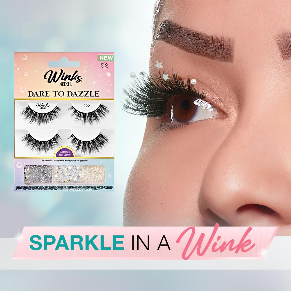 Ardell Winks Dare to Dazzle False Eyelashes - 222 Lash Set with Customizable Rhinestones & Glitter, DIY Glam Lashes for Party & Special Events