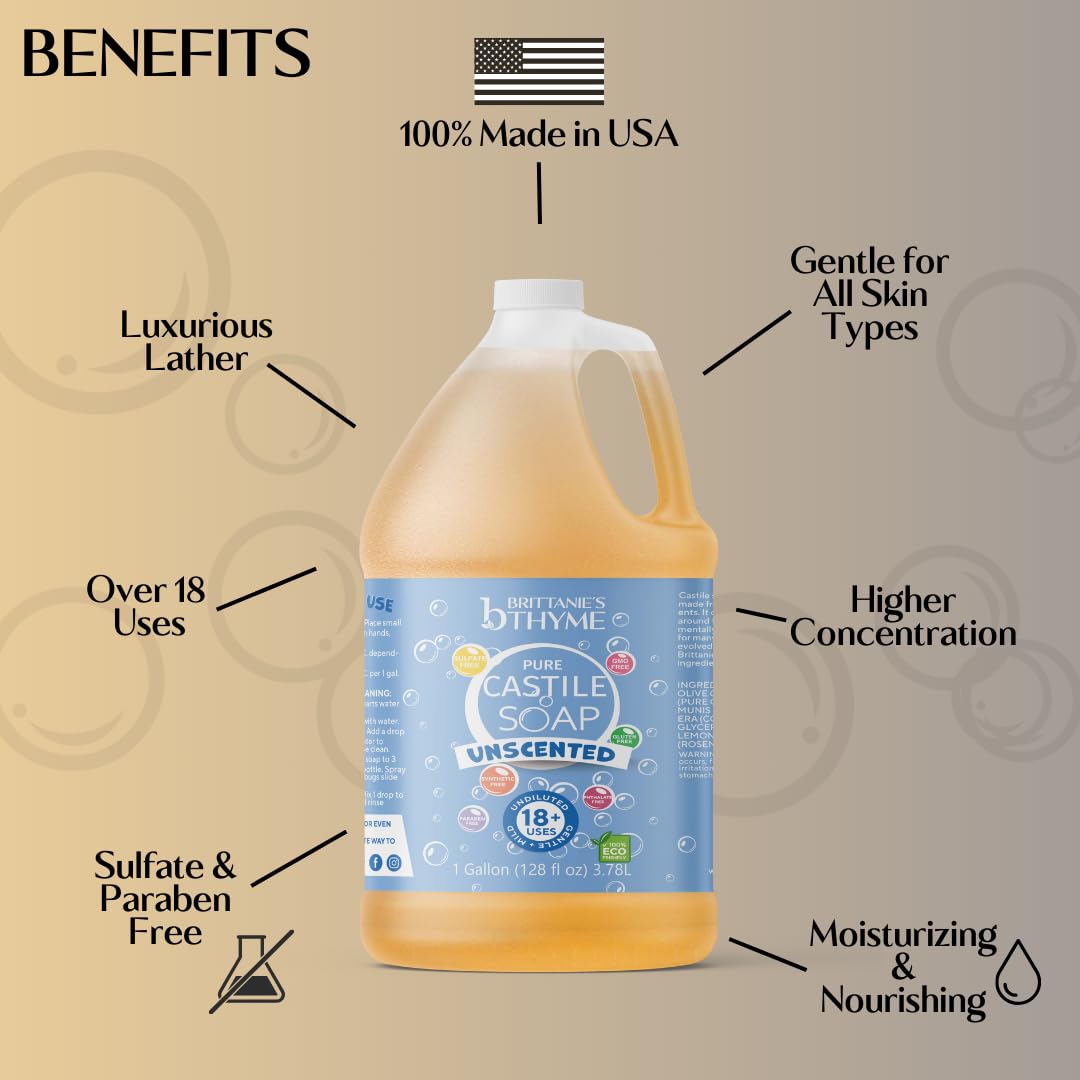 Brittanie's Pure Organic Castile Liquid Olive Oil Soap Refill, 1 Gallon Unscented | Face, Body Wash, All Purpose Cleaner, Dishes, Pets, Laundry | Beauty & Personal Care Brittanie's Thyme