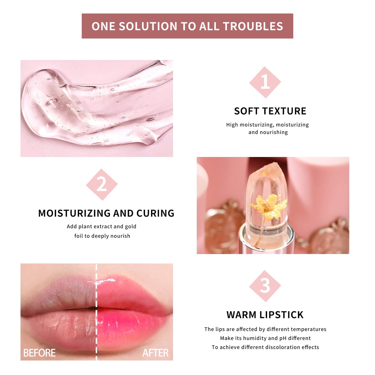BestLand 6 Pcs/Set Flower Jelly Lipstick Set Temperature Change Moisturizer Long Lasting Nutritious Balm Magic Color Change Lip Gloss Beauty & Personal Care BestLand