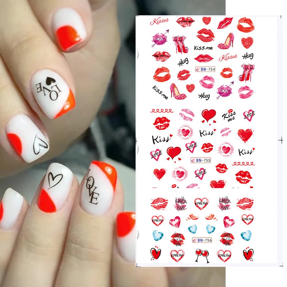 Valentine's Day Nail Decals - 12 Sheets Heart Rose Love Sexy Lips Lipstick Valentines Nail Art Tattoo Stickers DIY Nail Decoration for Women Girls Beauty & Personal Care Qdsuh
