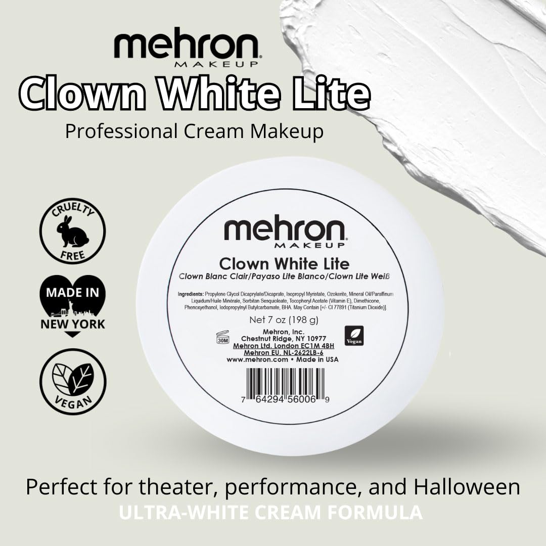 Mehron Makeup Clown White Lite | Professional Face Paint & Body Paint | White Cream Clown Makeup, Stage, Film, Cosplay, Mime, & Halloween 7 oz (198 g) Beauty & Personal Care Mehron