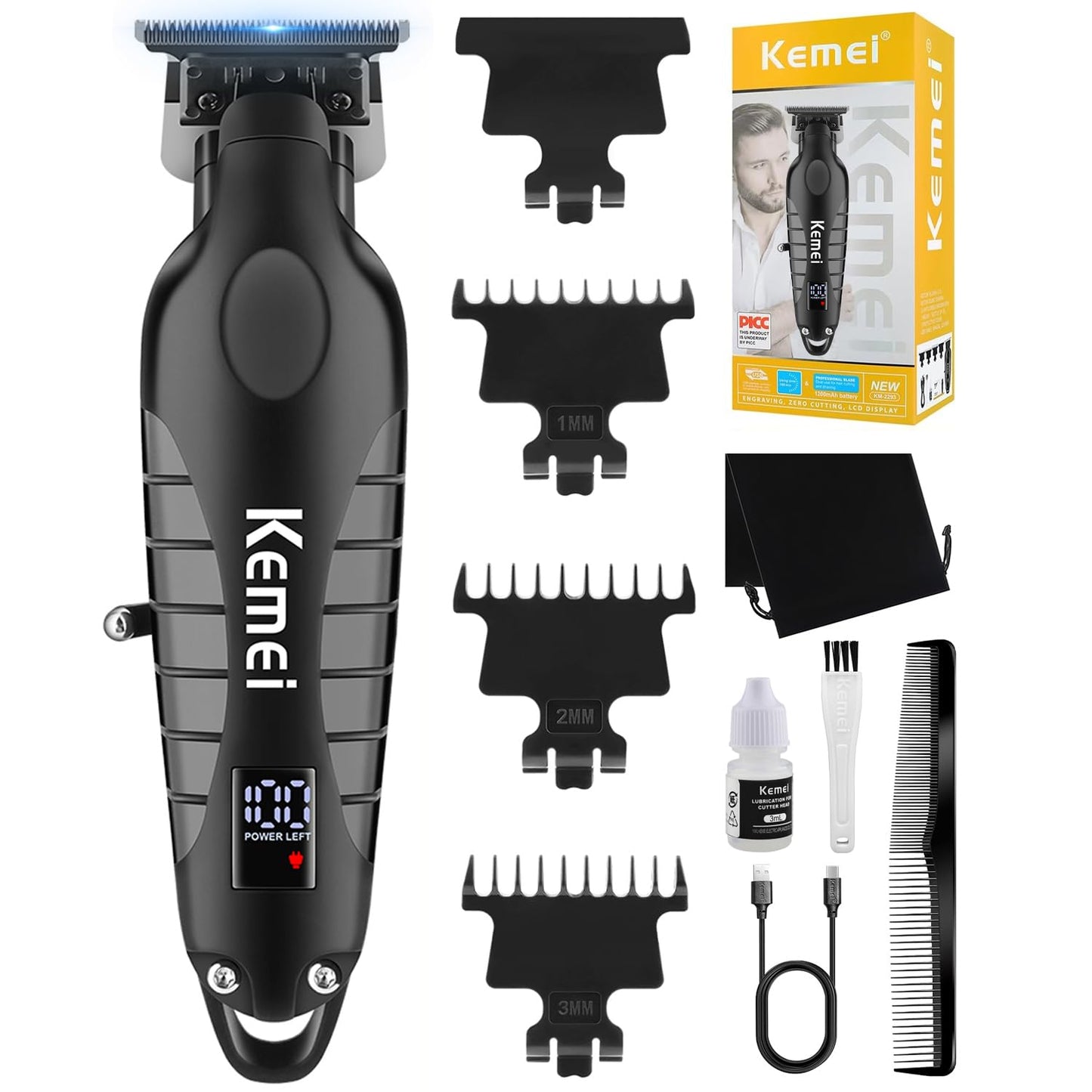 KEMEI Trimmer Professional Cordless Hair Clipper for Men Electric Beard Trimmers Barber Hair Cuttings Kit, Zero Gapped T Blade Trimmers with LCD Beauty and Personal Care KEMEI