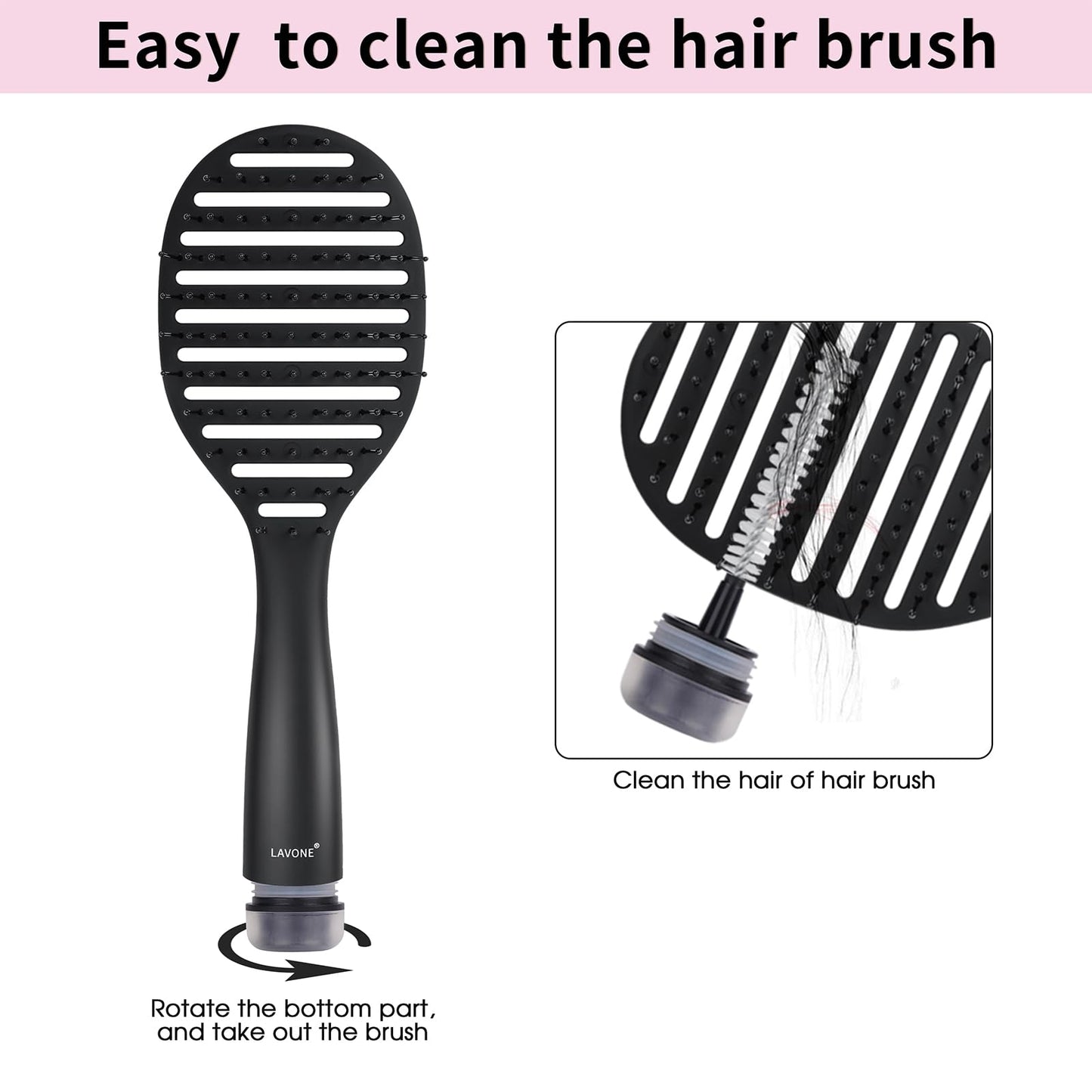 Curved Vented Hairbrush Faster Blow Drying - Detangling Brush with Built in Cleaner, Magnetic Holder and Hair Clips for Women, Men & Kids - Black Beauty & Personal Care LAVONE