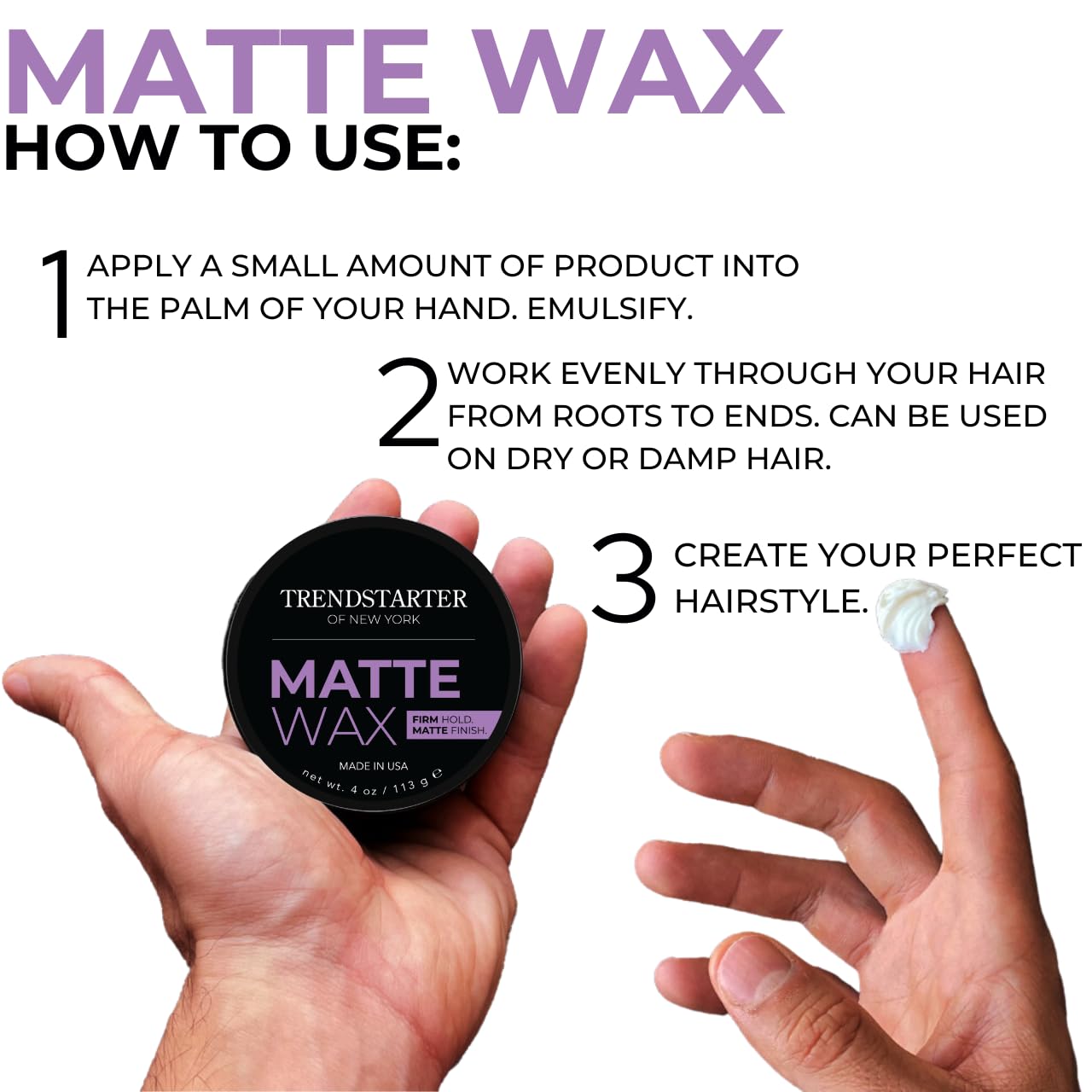 TRENDSTARTER - MATTE WAX (4oz) - Firm Hold - Matte Finish - Water Based All-Day Hold Hair Styling Pomade - Flake-Free Styling Wax for All Hair Types Beauty & Personal Care TRENDSTARTER