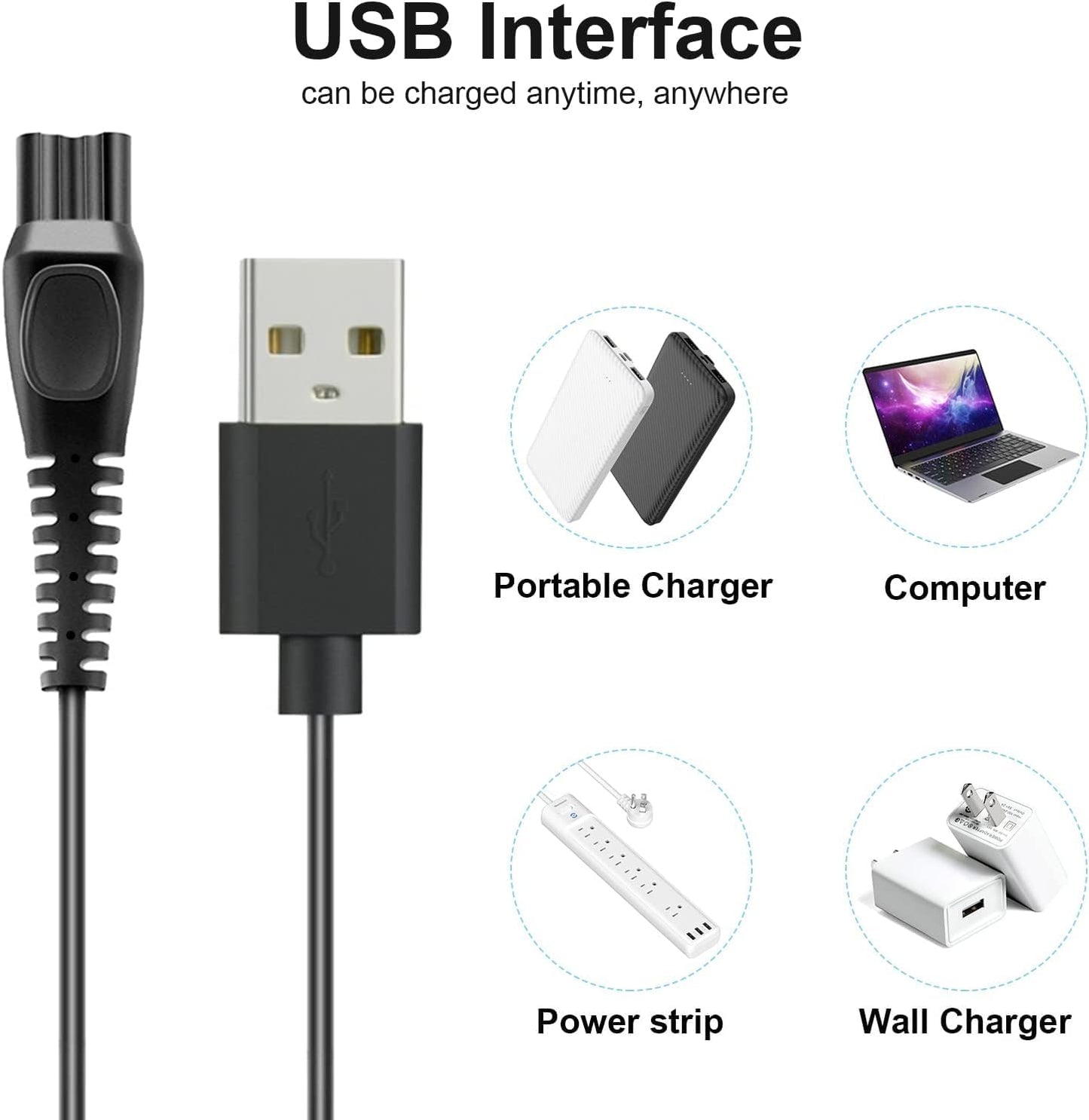 LinMei 5V USB Charging Cable for HQ8505 2300 7000 5000 3000 Series 3500 MG5750 MG7750 S1560 Multigroom Beard Trimmer Electric Shaver Razor Power Beauty and Personal Care LinMei