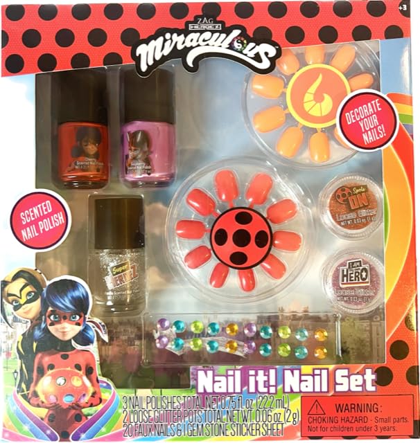 Zag Miraculous Ladybug Nail Polish Set and Lip Gloss Bundle- Includes 3 Nail Polishes, 2 Glitter Pots, 20 Faux Nails and Gemstone Sticker Sheet with 7 Beauty & Personal Care Zag