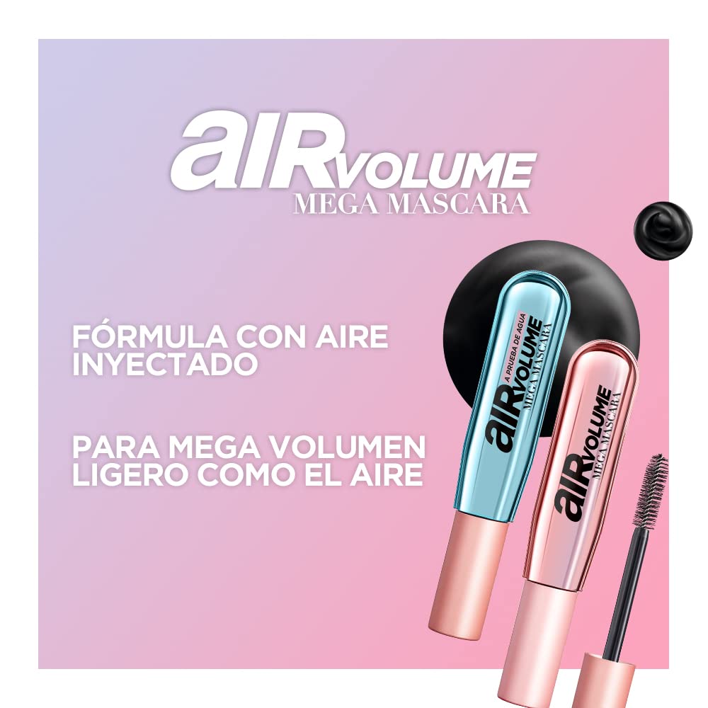 L’Oréal Paris Makeup Air Volume Mega Mascara, Lightweight & Long-lasting Volumizing Mascara for Voluminous Eyelashes, Waterproof Black, 0.3 Fl Oz