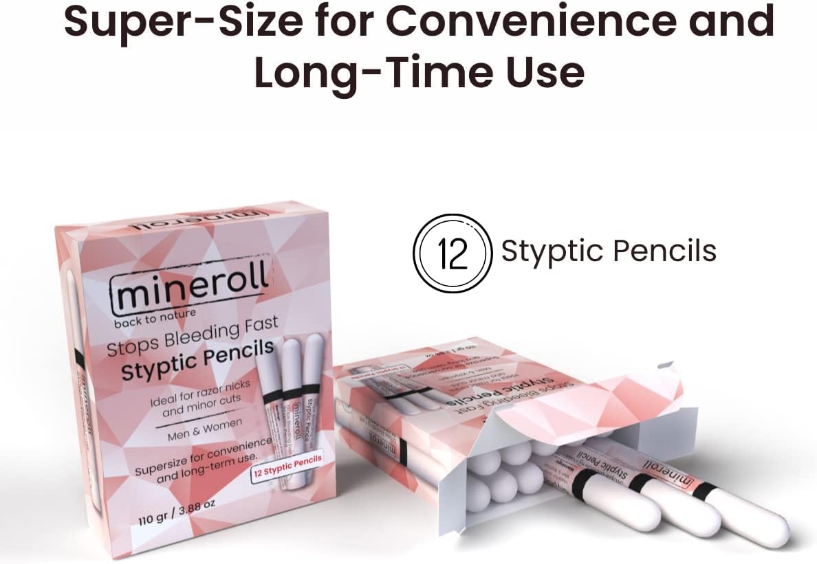 Styptic Pencils Shave Accessories (12 Pencils) Stops Bleeding Fast for Shaving Nicks, Razor Cuts for Men & Women - Sanitary and Great for Barbers or Beauty and Personal Care MINEROLL