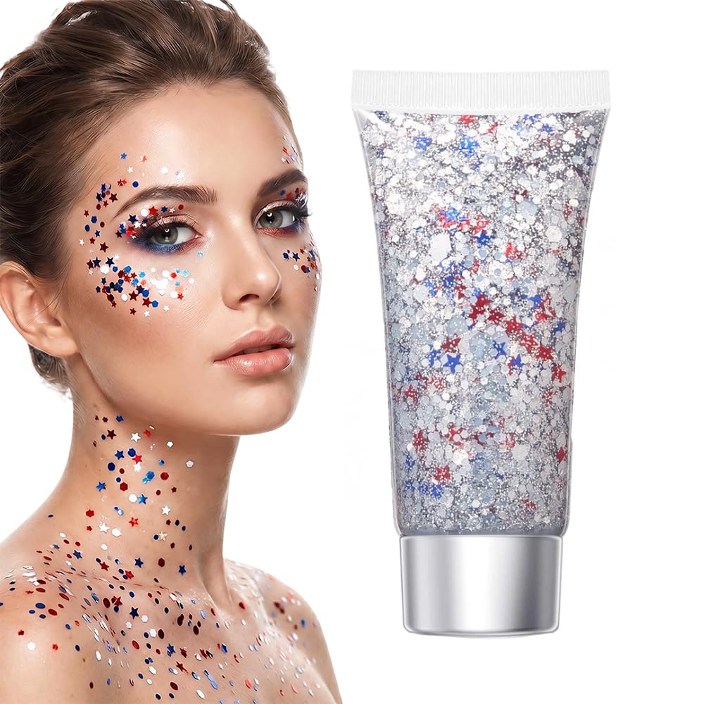 Red White Blue Hair Glitter Stick, 2026 New Patriotic USA Flag Star Chunky Face Body Outfits Sparkle Patriotic Pride Glitter for Soccer President's Beauty & Personal Care SundownAura
