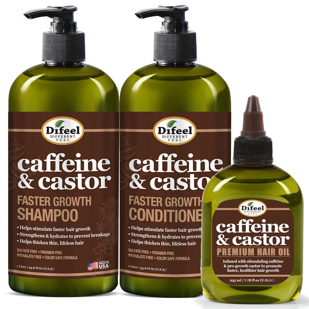 Difeel Caffeine & Castor Shampoo, Conditioner and Hair Growth Oil Set - with Shampoo, Conditioner, and Hair Oil Beauty & Personal Care Difeel