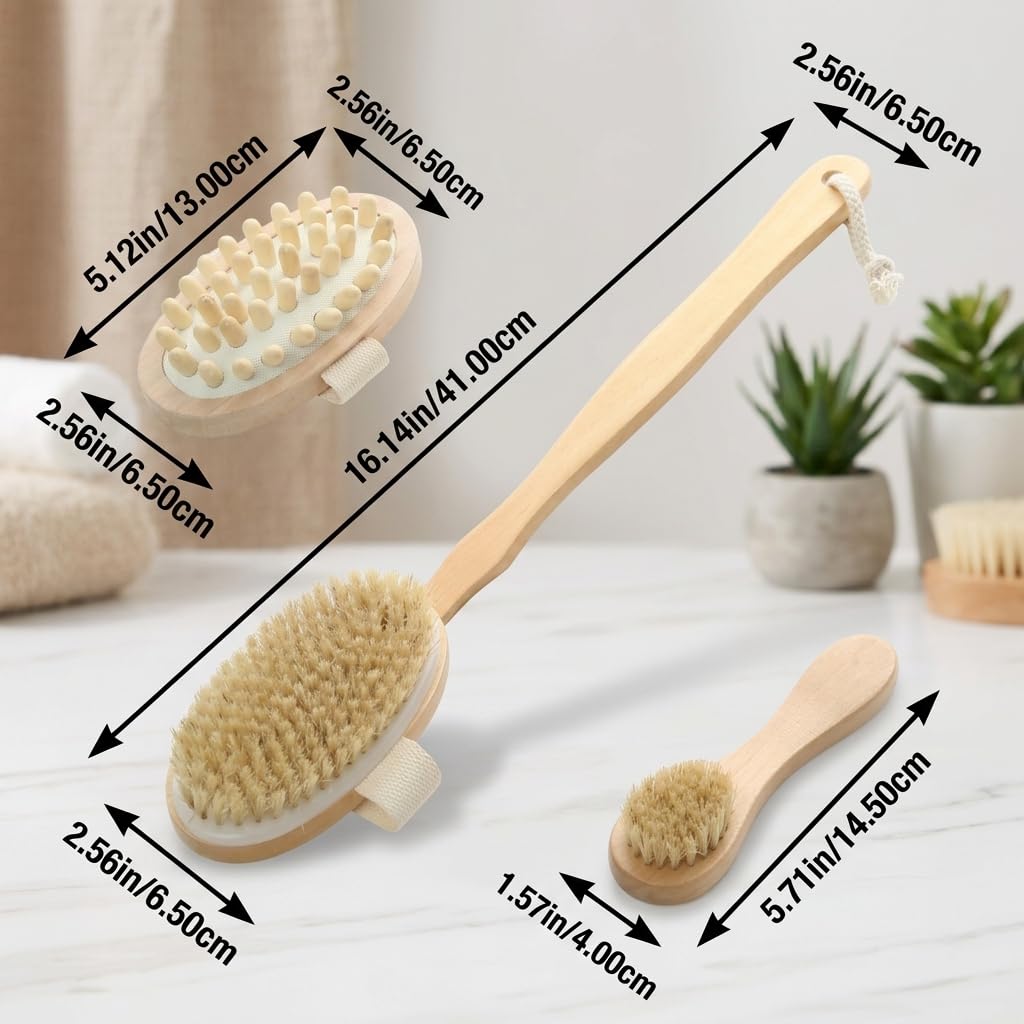 Vanttokeey Body Brush Set 3 in 1 Shower Back Scrubber with Long Handle Natural Bristle Dry Wet Exfoliating Bath Brush with Detachable Head for Deep Beauty and Personal Care Vanttokeey