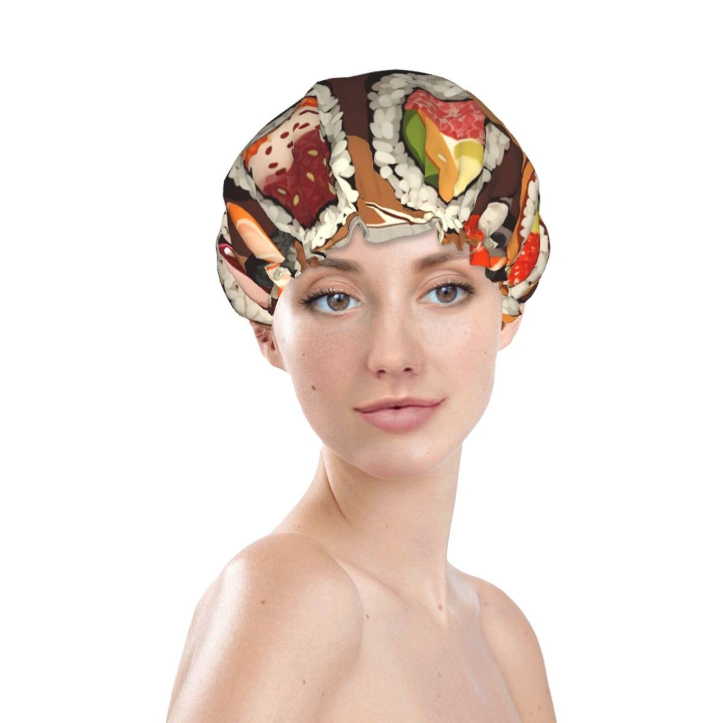 Many Sushi Food Shower Cap For Women Reusable Double Layers Bathing Bath Cap Hair Caps Waterproof Elastic Band Ladies Spa Salon Shower Hat Hair Caps Beauty and Personal Care GDSHJKLW